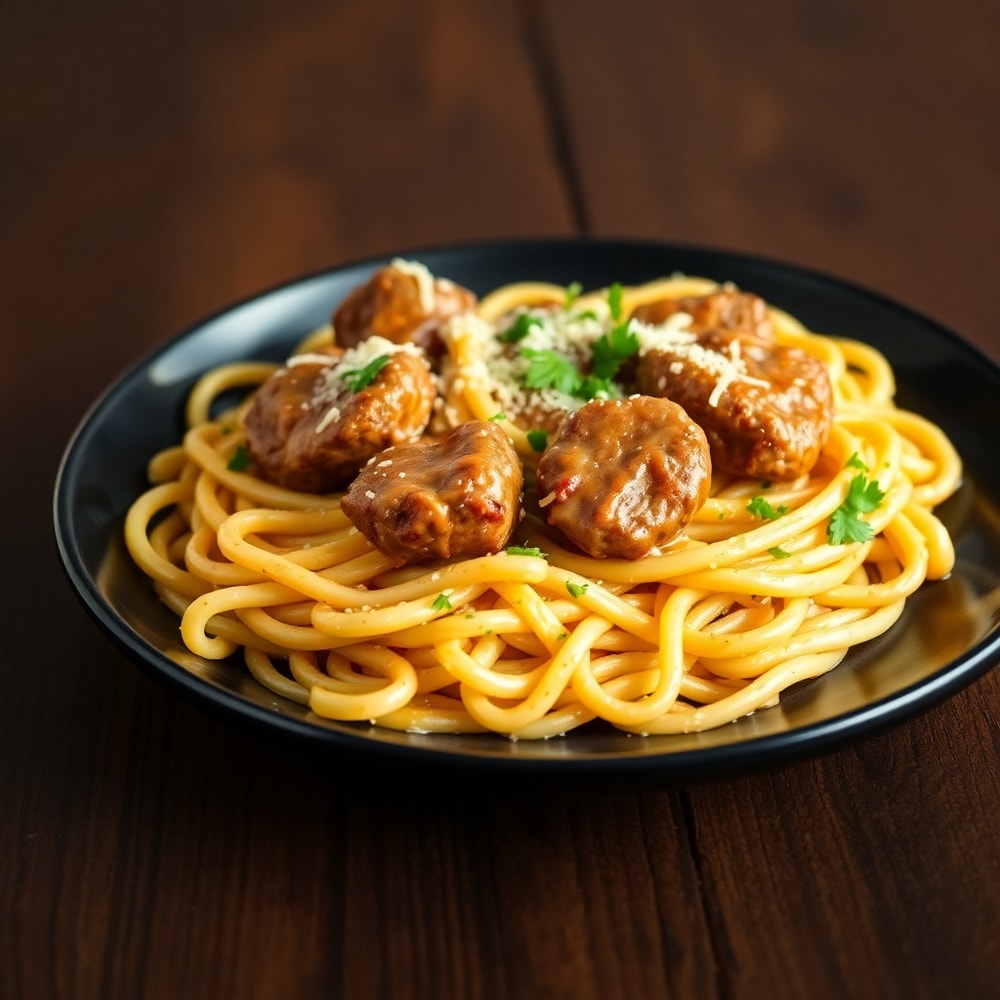 Plated Creamy Garlic Butter Steak Bites with Spicy Cajun Alfredo Twisted Pasta