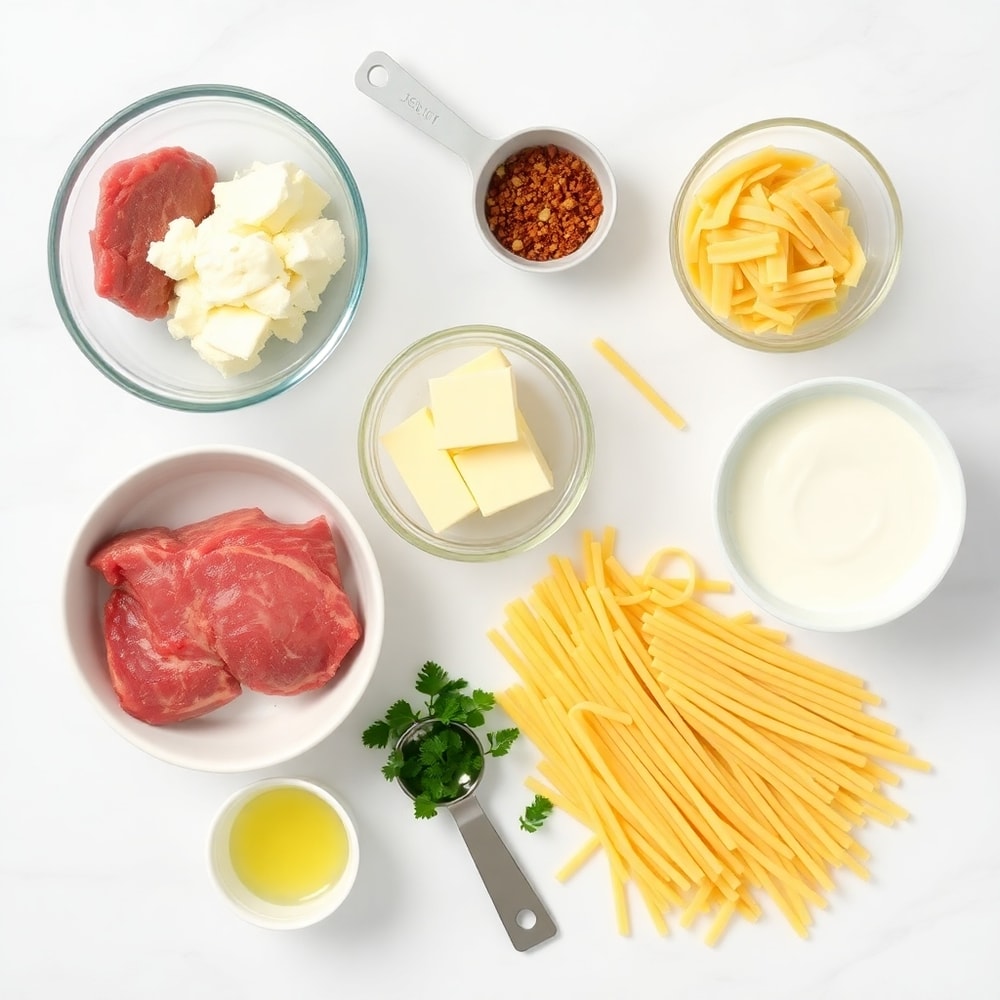 Raw ingredients for Creamy Garlic Butter Steak Bites with Spicy Cajun Alfredo Twisted Pasta