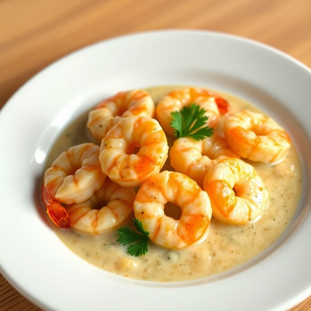 Plated Creamy Garlic Shrimp with parsley garnish