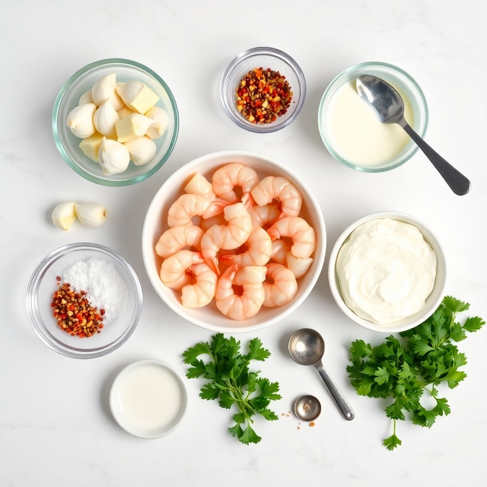 Raw ingredients for Creamy Garlic Shrimp arranged on a marble surface