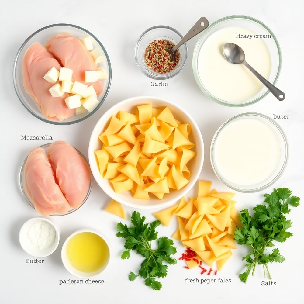 Raw ingredients for Mozzarella Garlic Butter Chicken Bowties