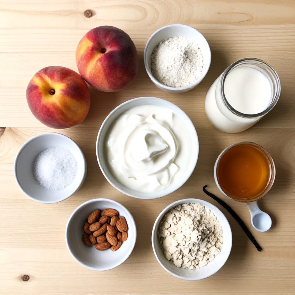 Ingredients for Peach Protein Shake on a wooden surface