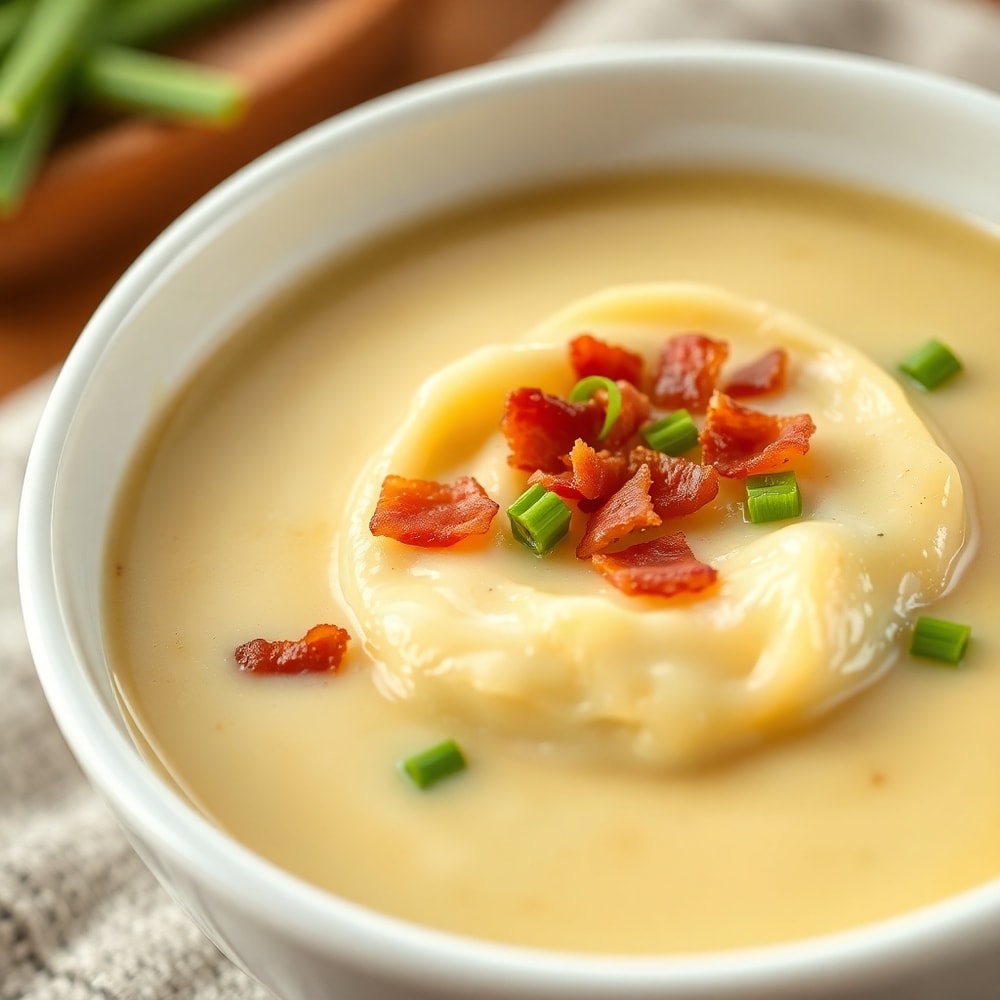 Bowl of creamy potato soup with crispy bacon and green onions