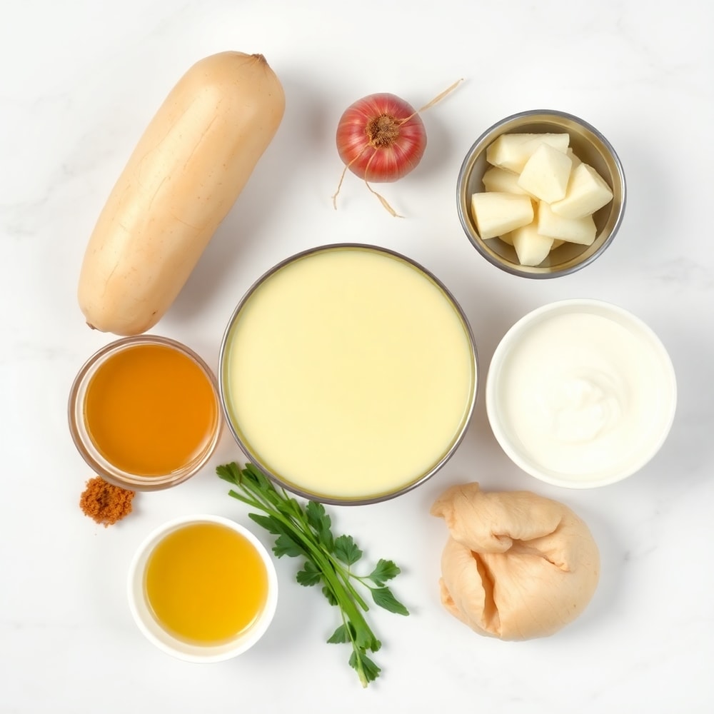 Raw ingredients for creamy potato soup: potatoes, onions, garlic, chicken broth, heavy cream