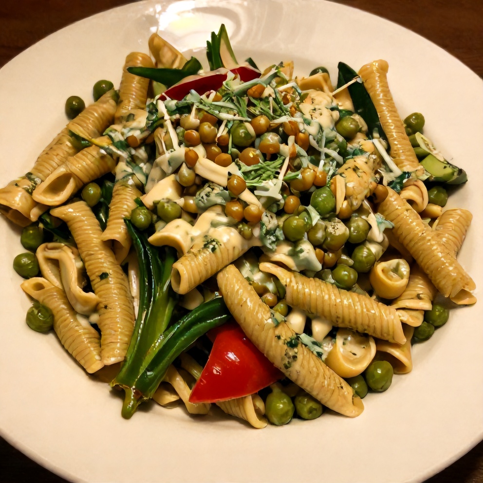 Creamy Ranch Pea Pasta Salad plated on a white dish