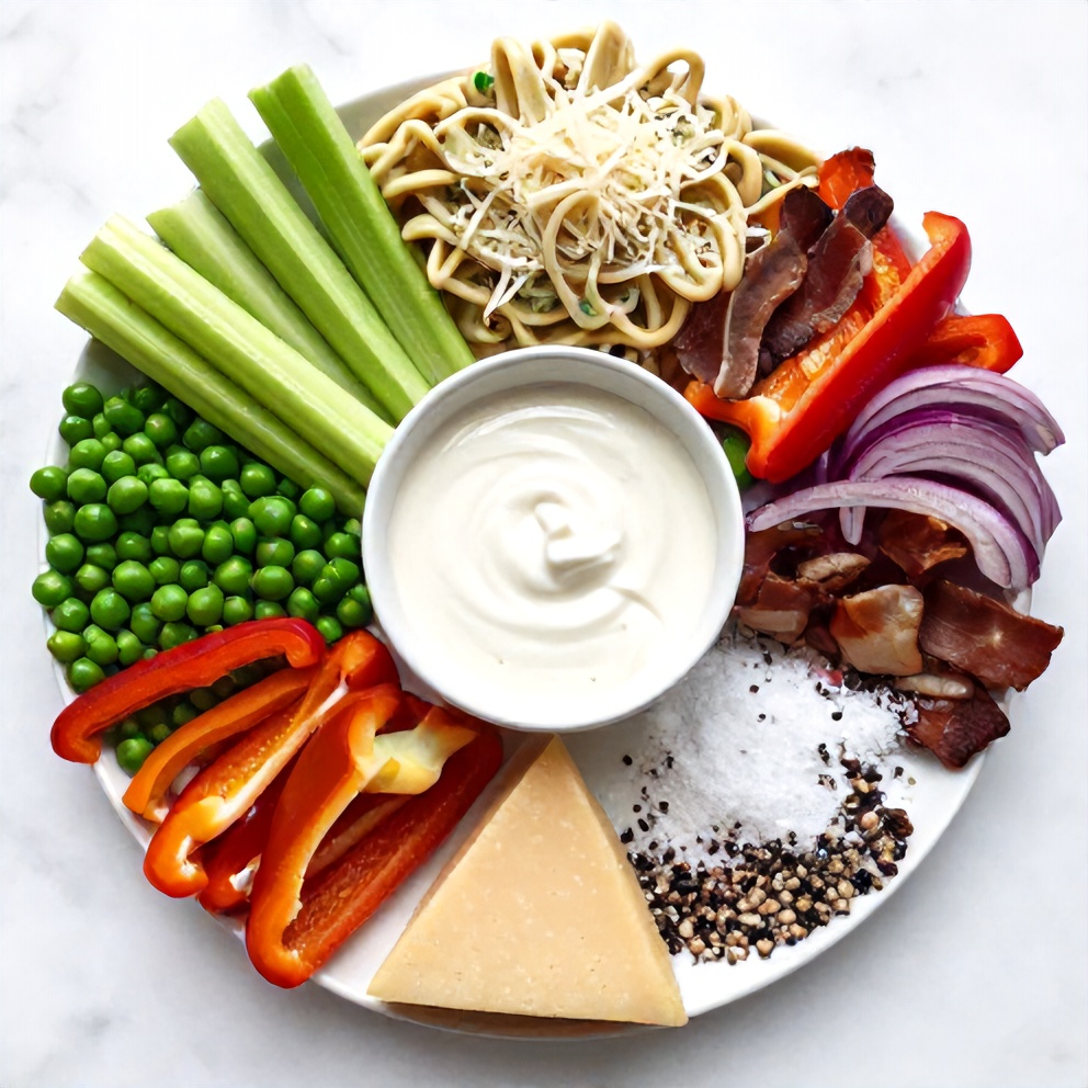 Raw ingredients for Creamy Ranch Pea Pasta Salad on a white marble surface