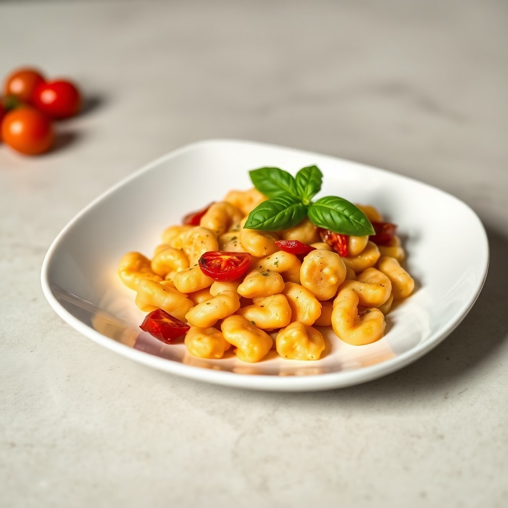 Plated serving of creamy sundried tomato gnocchi on a square white plate, garnished with fresh basil