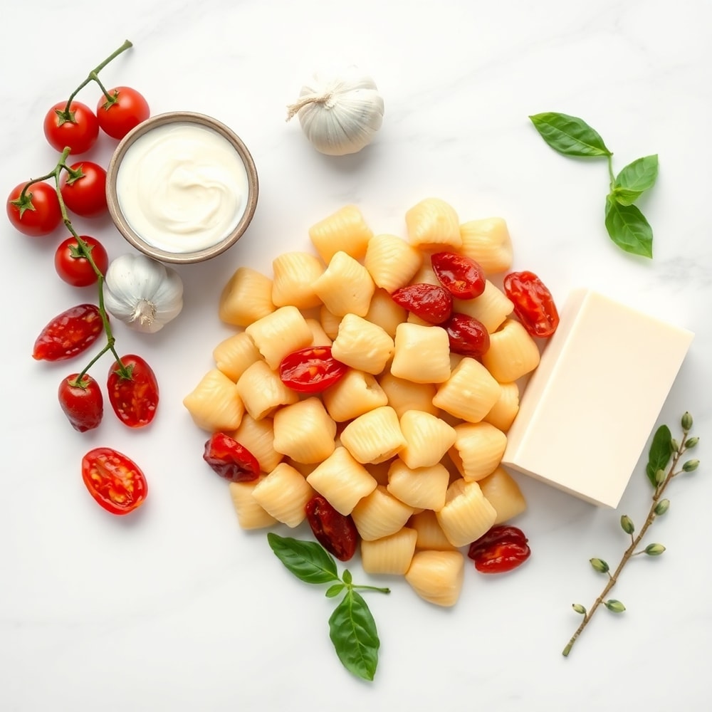Flat lay of sundried tomatoes, gnocchi, garlic, heavy cream, and parmesan cheese on a white marble surface