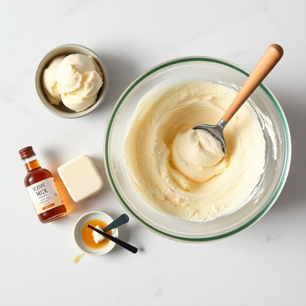 Raw ingredients for creamy swirl ice cream bread treat on a marble surface