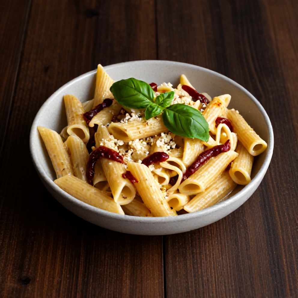 A single serving of creamy vegan sun dried tomato pasta plated, garnished with fresh basil