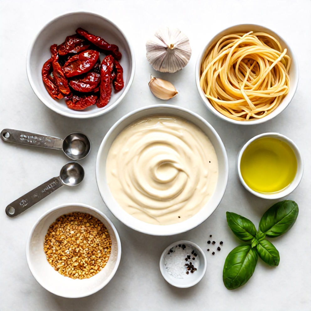 Raw ingredients for creamy vegan sun dried tomato pasta: sun dried tomatoes, garlic, pasta, nutritional yeast, olive oil, salt, pepper, and fresh basil
