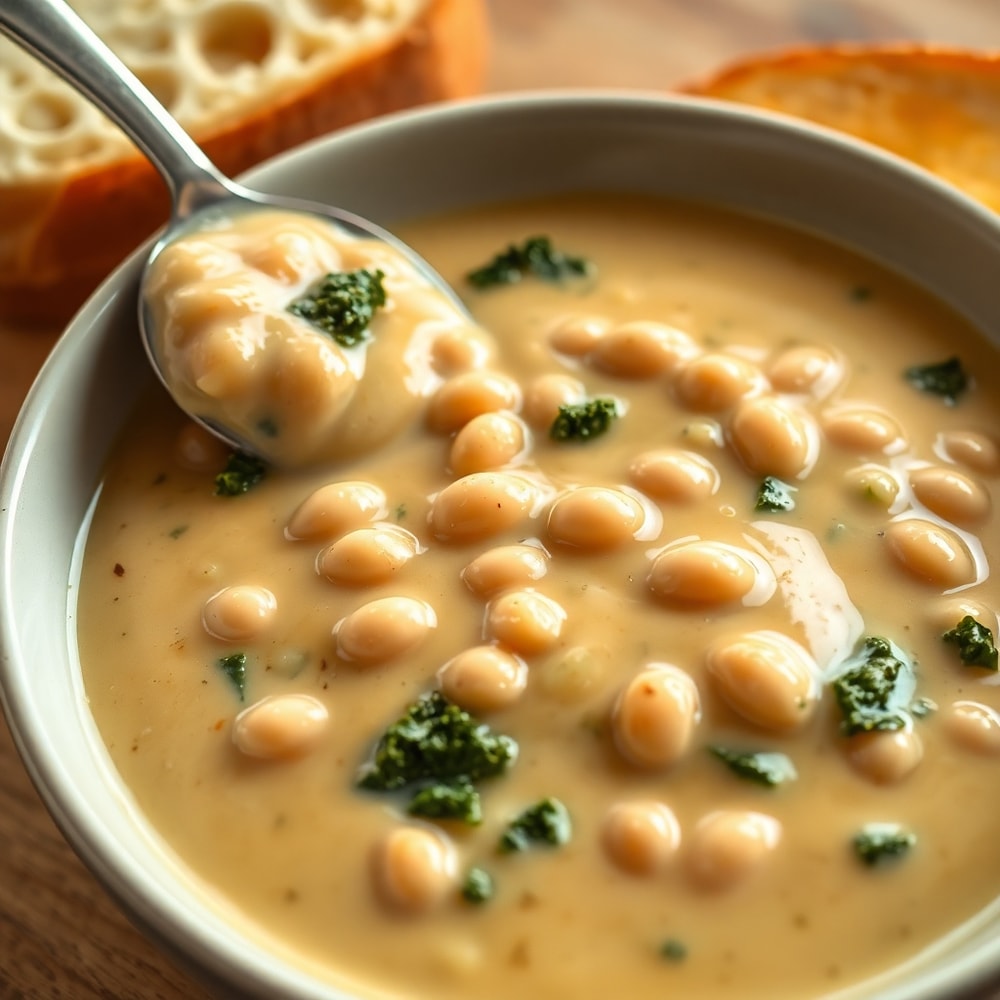Bowl of creamy white beans with a side of crusty bread