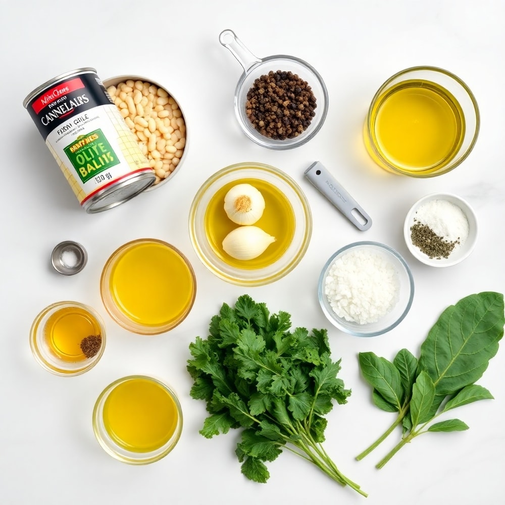 Ingredients for creamy white beans: cannellini beans, onion, garlic, kale, olive oil, vegetable broth, etc.