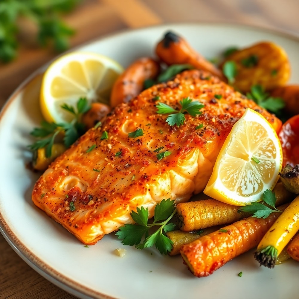 Plated Air Fryer Salmon and Veggies