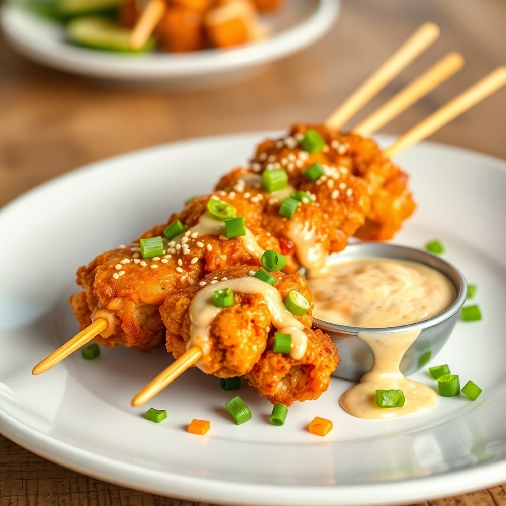 Plated Bang Bang Chicken Skewers with green onions and sesame seeds