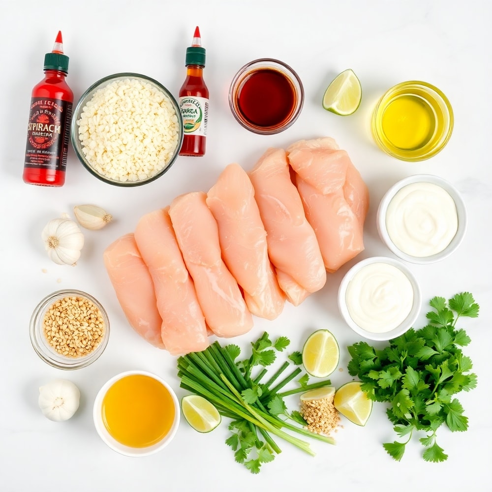 Raw ingredients for Bang Bang Chicken Skewers on a white marble surface