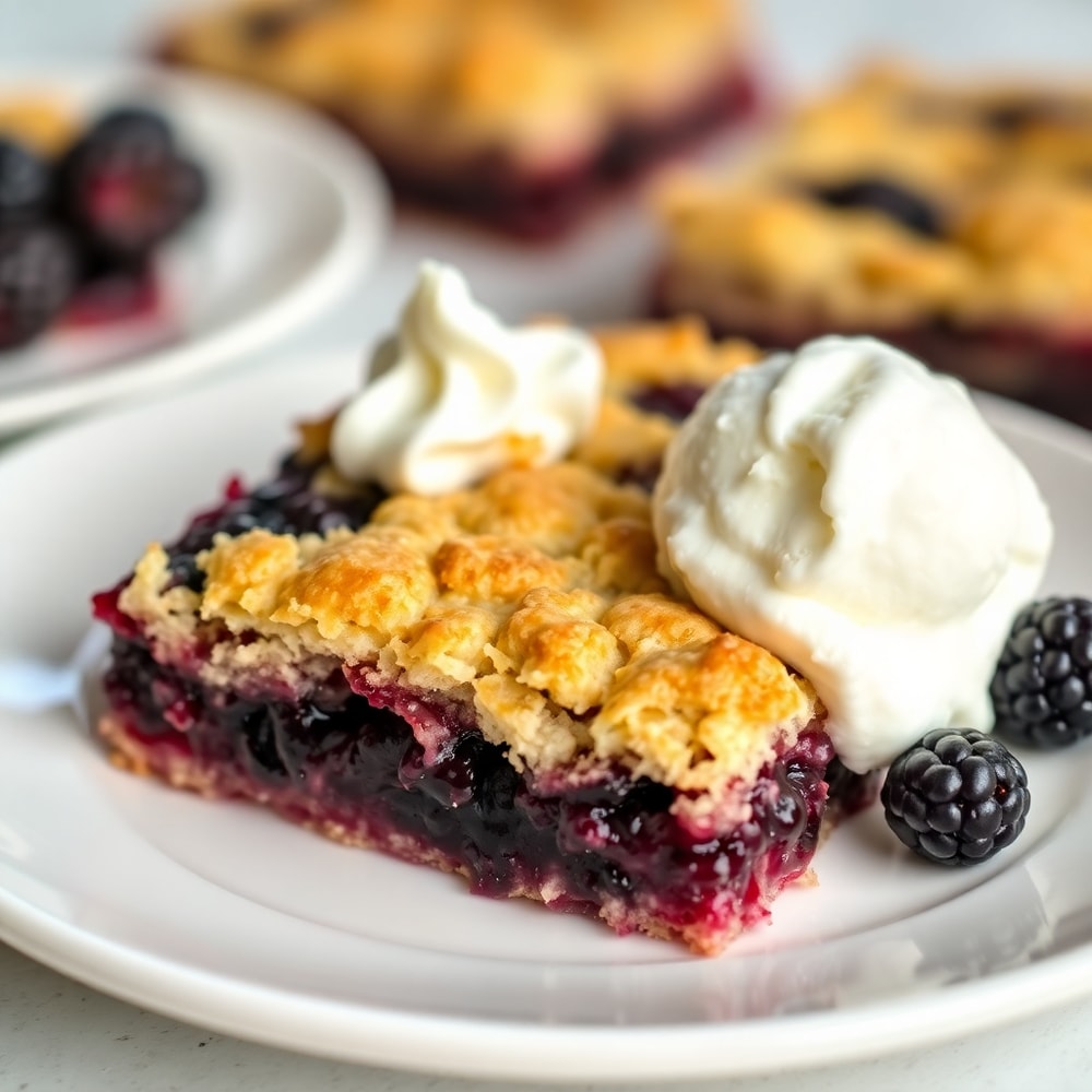 A perfect serving of Blackberry Cobbler Bars on a white plate