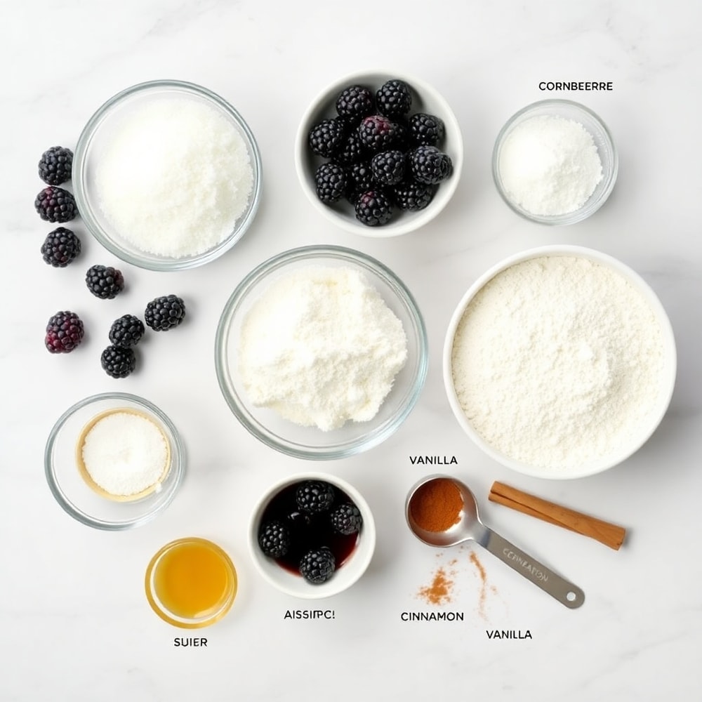 Raw ingredients for Blackberry Cobbler Bars on a white marble surface