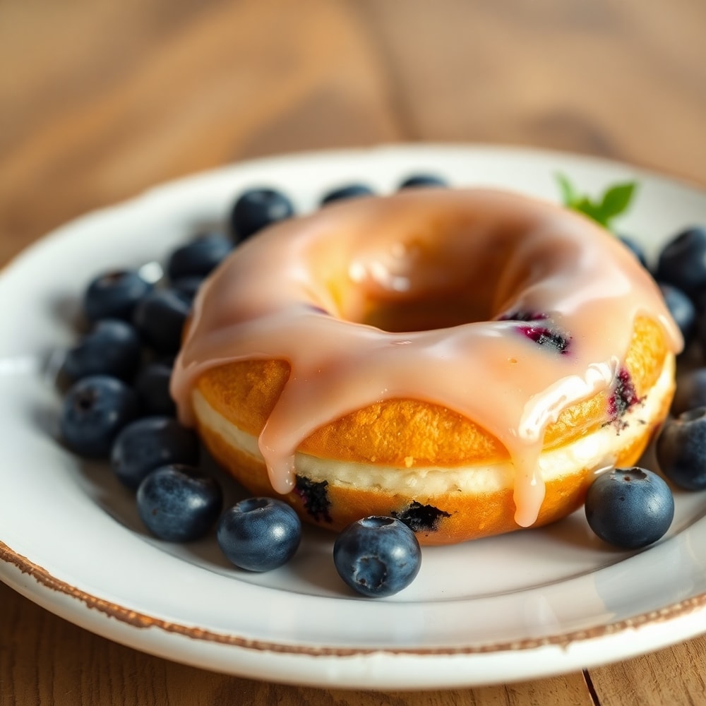 Plate of crispy blueberry cake donuts with a side of fresh blueberries