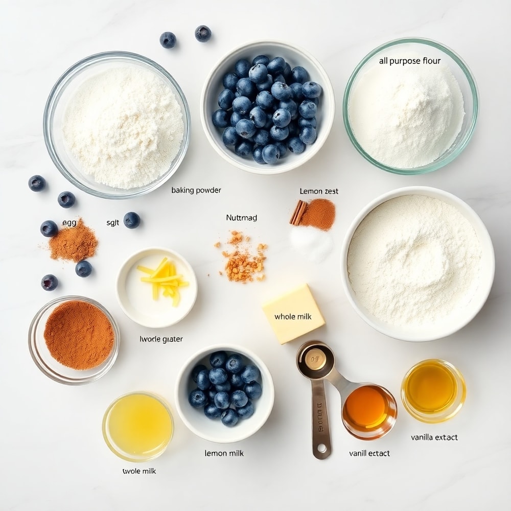 Blueberries, flour, sugar, eggs, and other ingredients for blueberry cake donuts