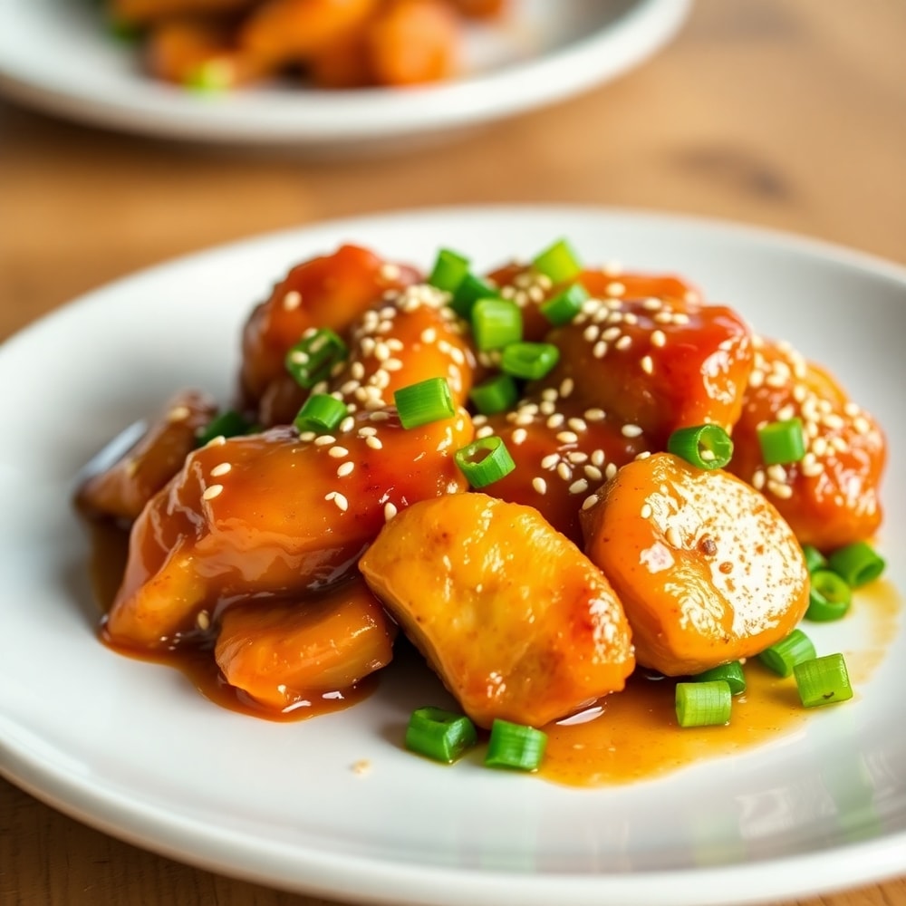 Plated Brown Sugar Pineapple Chicken with green onions