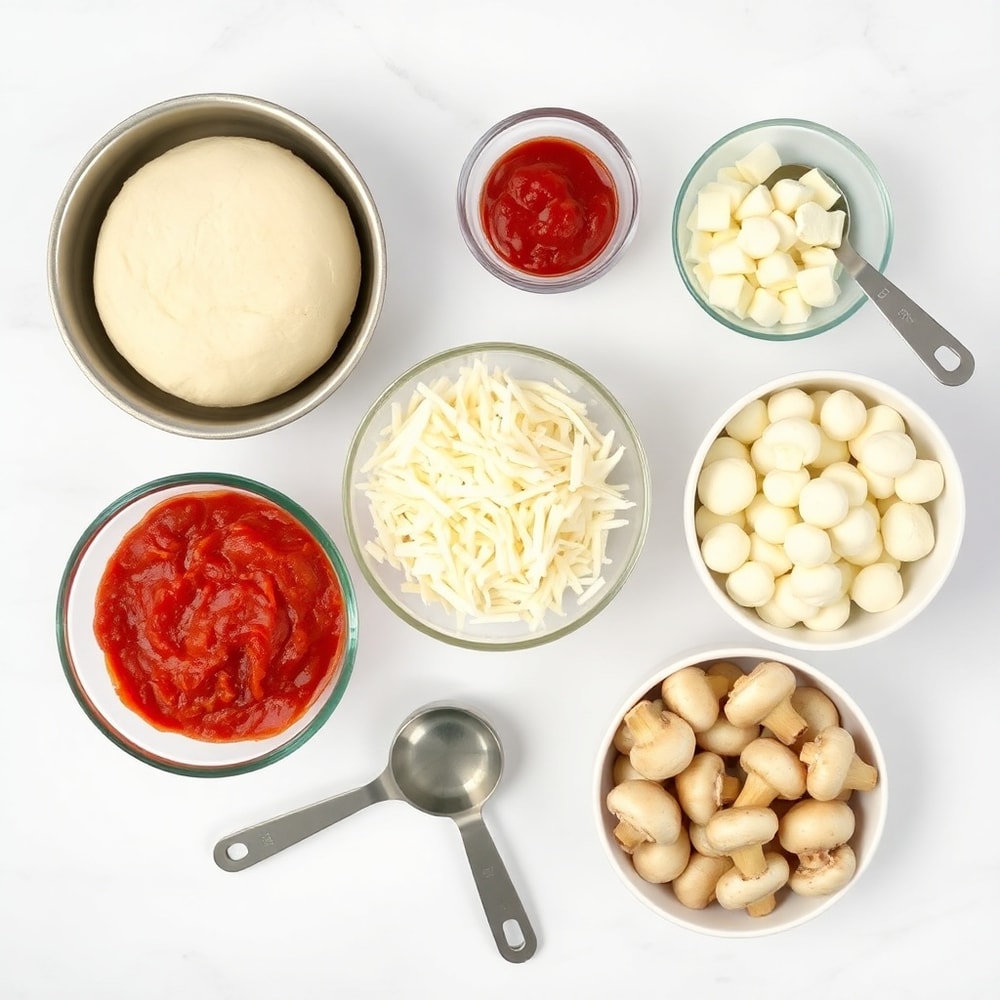 Raw ingredients for Crispy Cast Iron Skillet Pizza on a wooden surface