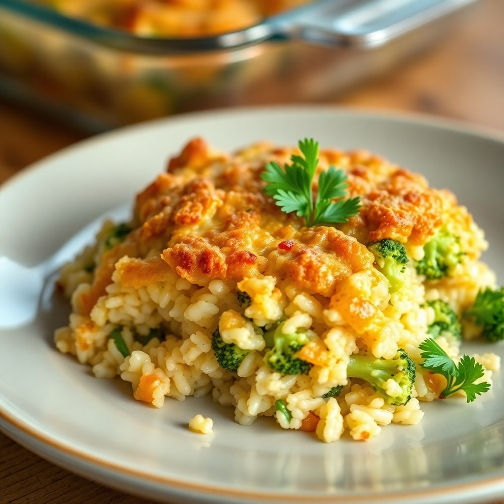 A perfect serving of Crispy Chicken Broccoli Rice Casserole on a plate, garnished with fresh parsley.