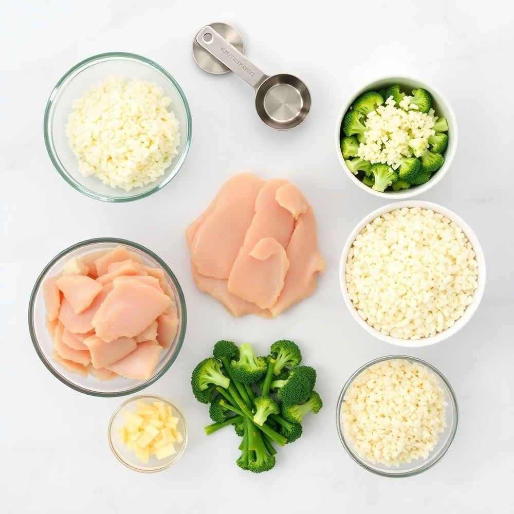 Raw ingredients for Chicken Broccoli Rice Casserole in an overhead flat lay, including chicken, broccoli, rice, and cheese.