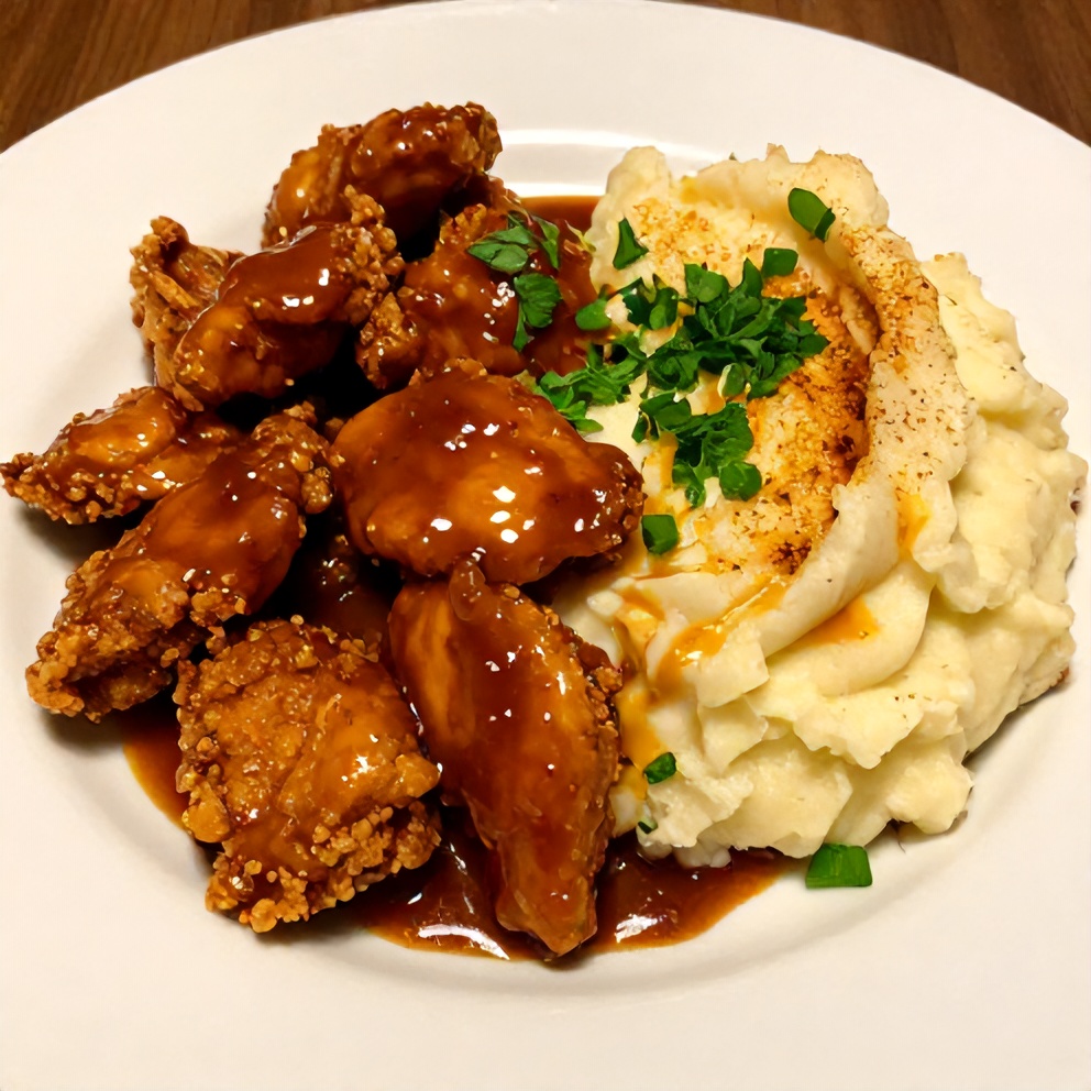 Plated Crispy Chipotle Honey Chicken with Smoked Gouda Mashed Potatoes
