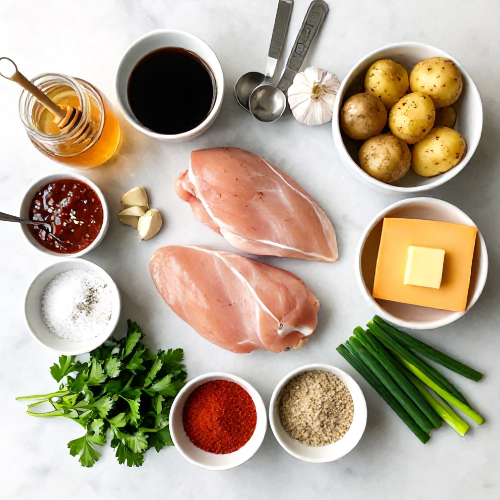 Raw ingredients for Crispy Chipotle Honey Chicken with Smoked Gouda Mashed Potatoes
