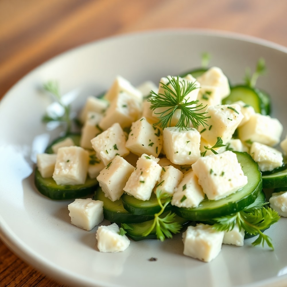 Plated cucumber feta salad with a sprinkle of fresh dill