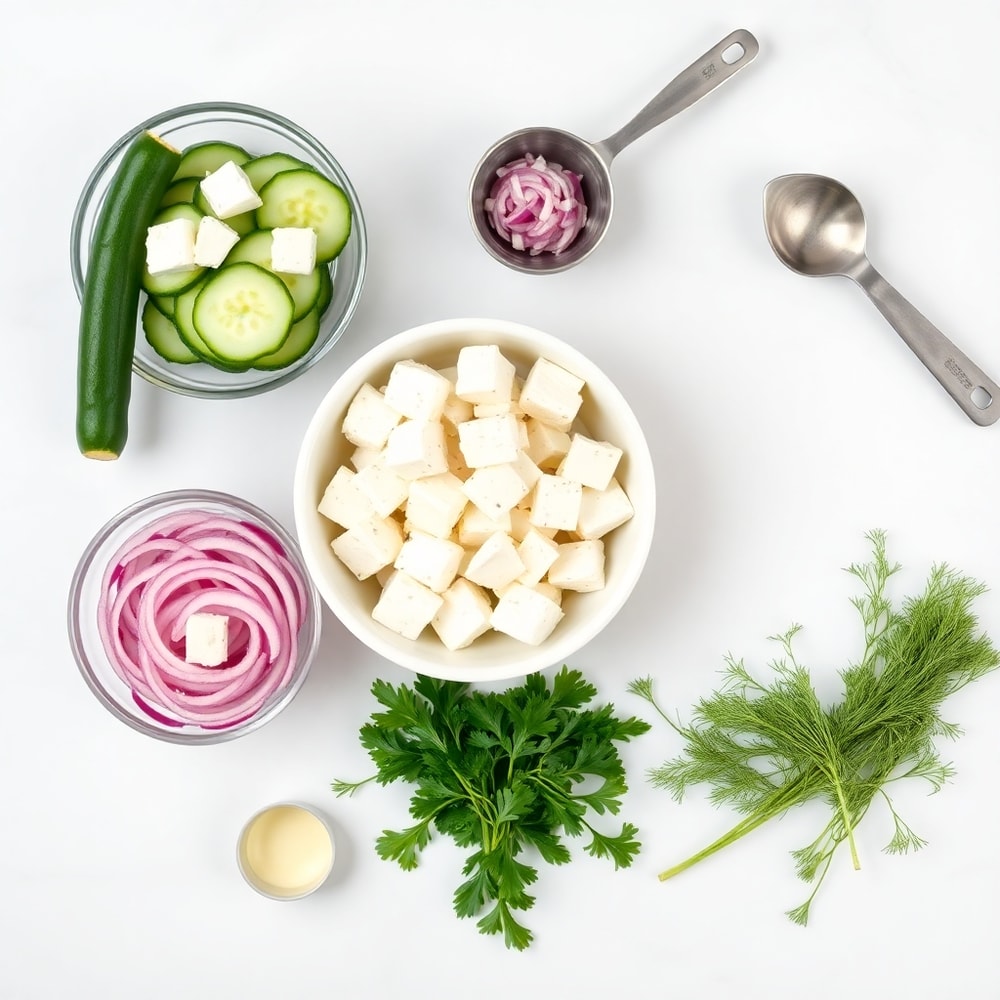 Cucumber, feta, red onion, and fresh dill arranged in a flat lay
