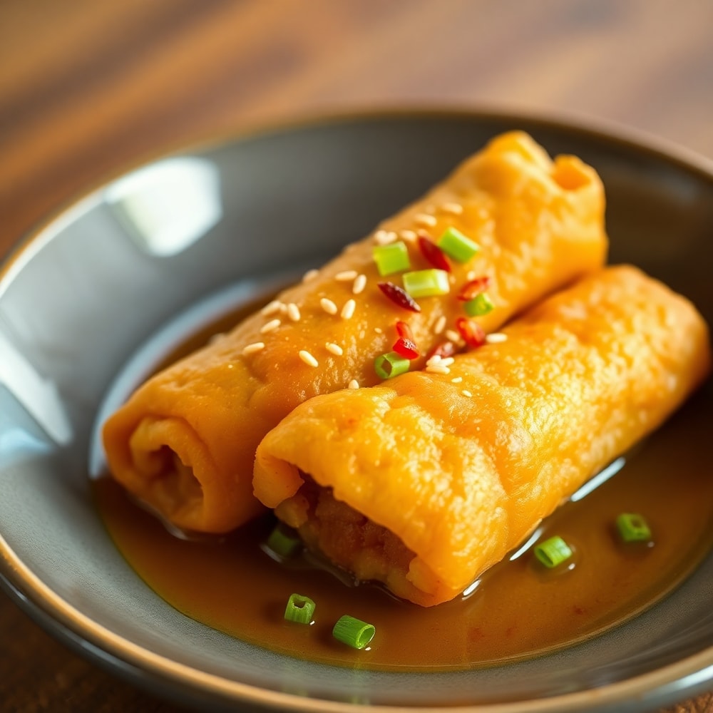Egg Roll in a Bowl plated on a white plate with green onions