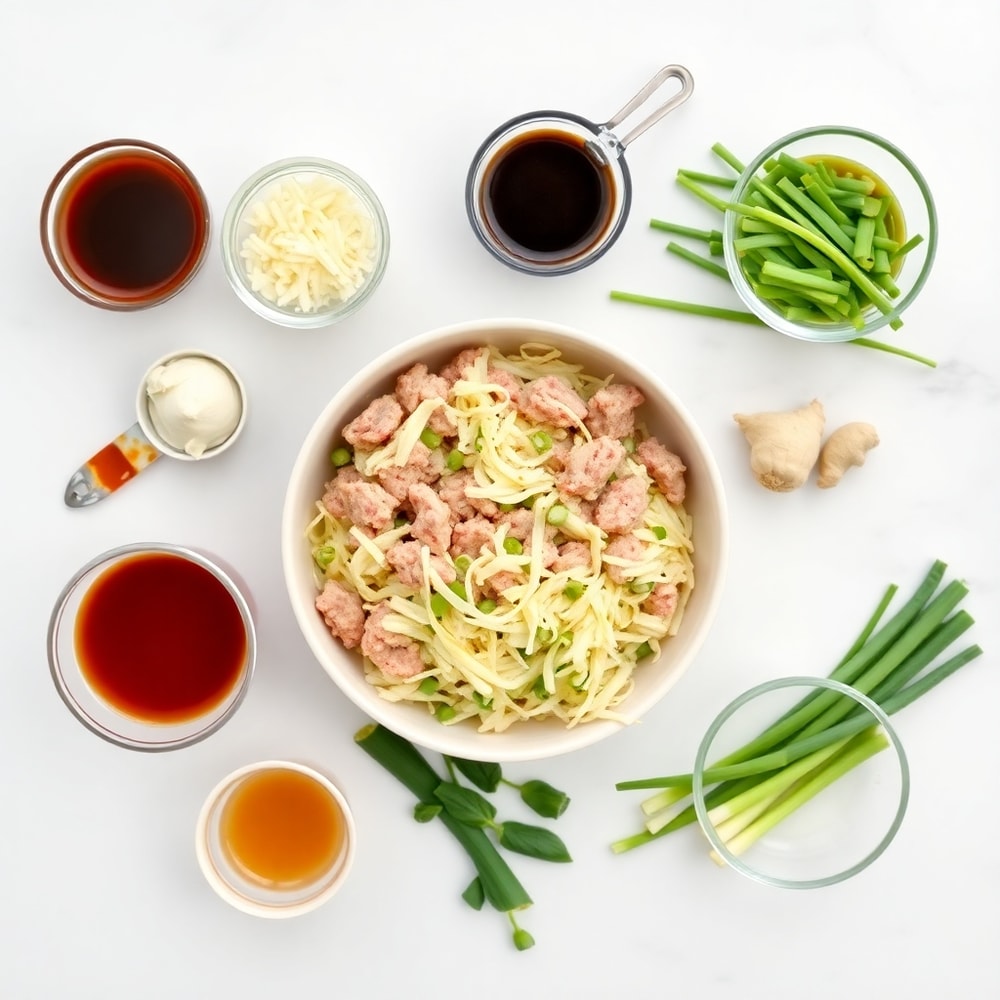 Egg Roll in a Bowl ingredients on a white marble surface