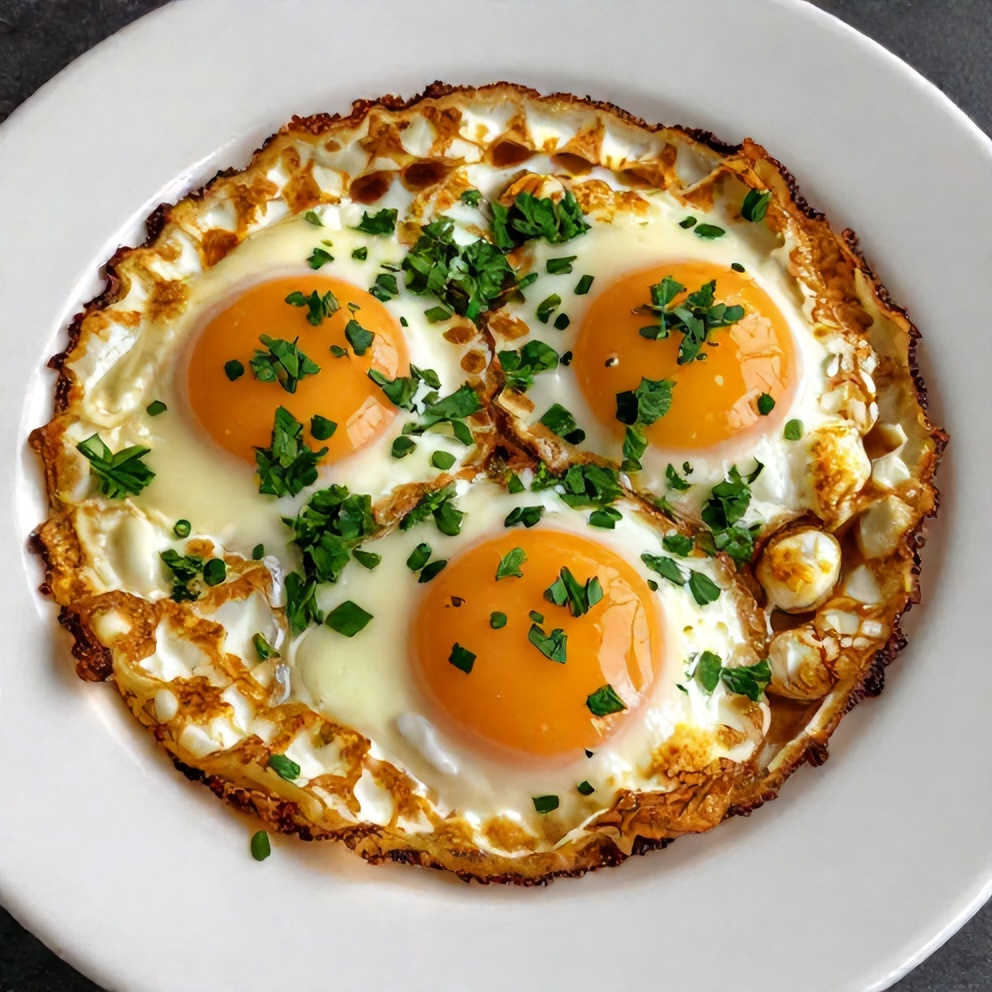 Plated crispy feta fried eggs with garnish