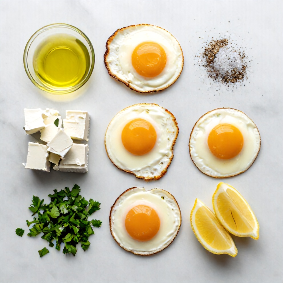 Raw ingredients for crispy feta fried eggs