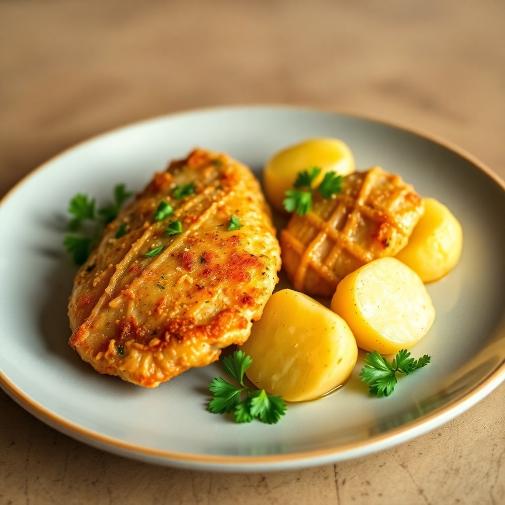 Garlic Parmesan Chicken and Potatoes Served