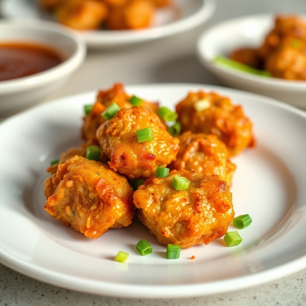 Plated Crispy Garlic Pork Bites with green onions