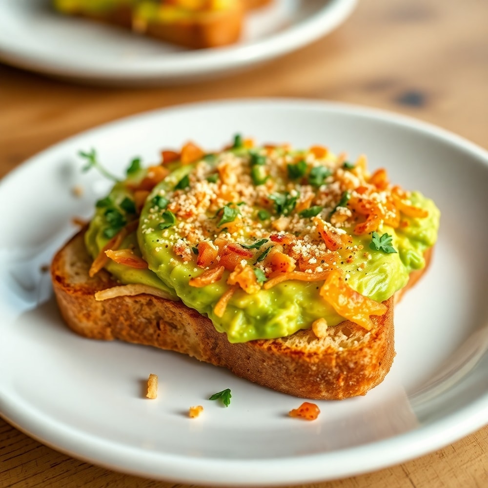 Plated hash brown avocado toast with fresh herbs
