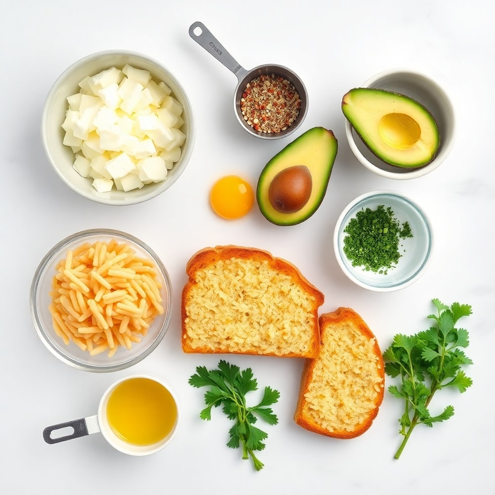 Raw ingredients for hash brown avocado toast on a wooden surface
