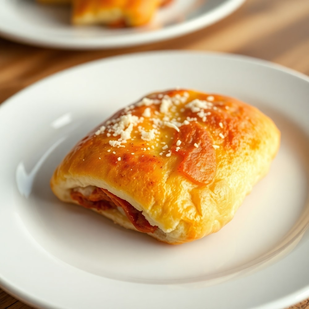 Close-up of a crispy homemade baked pizza roll on a plate