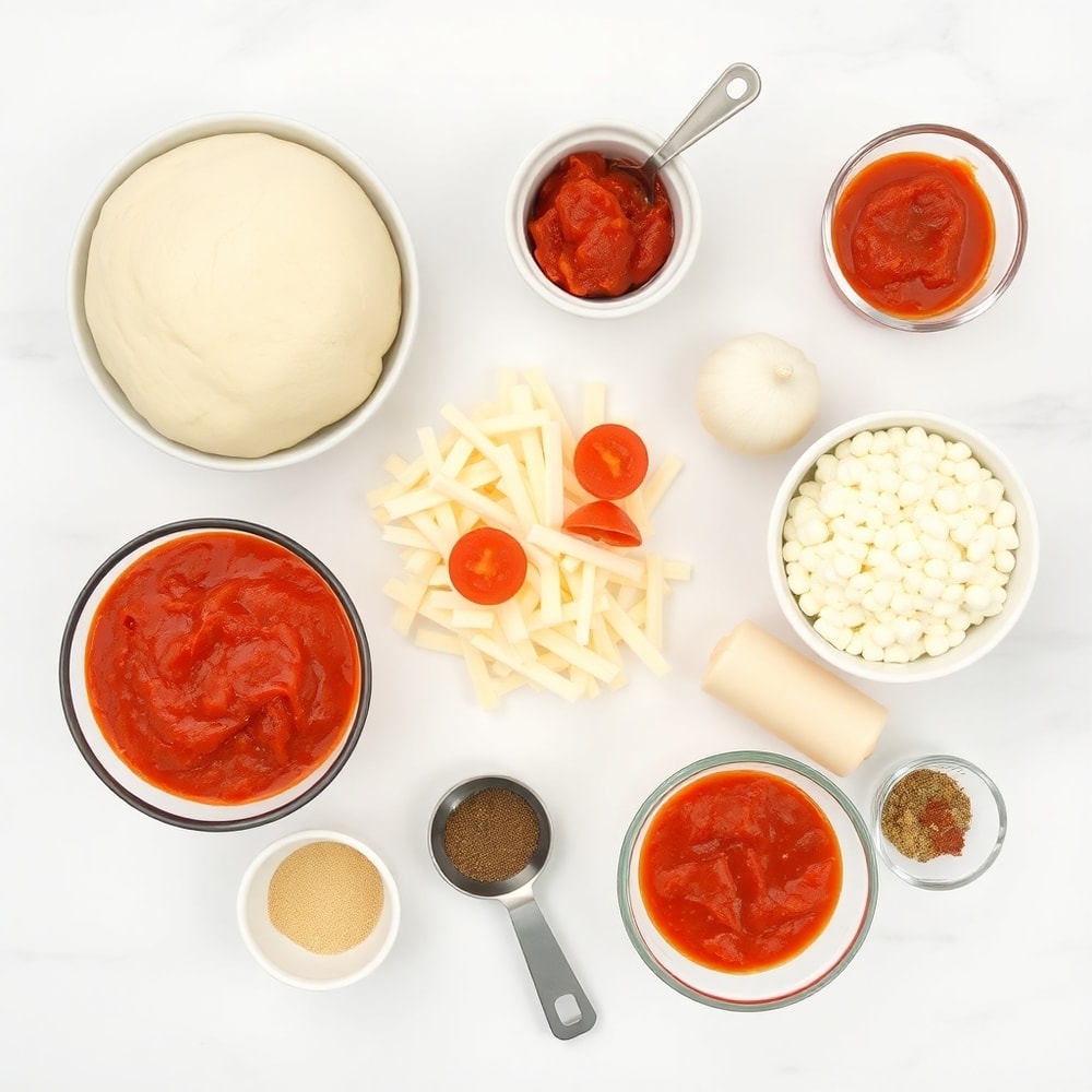 Raw ingredients for homemade baked pizza rolls on a marble surface