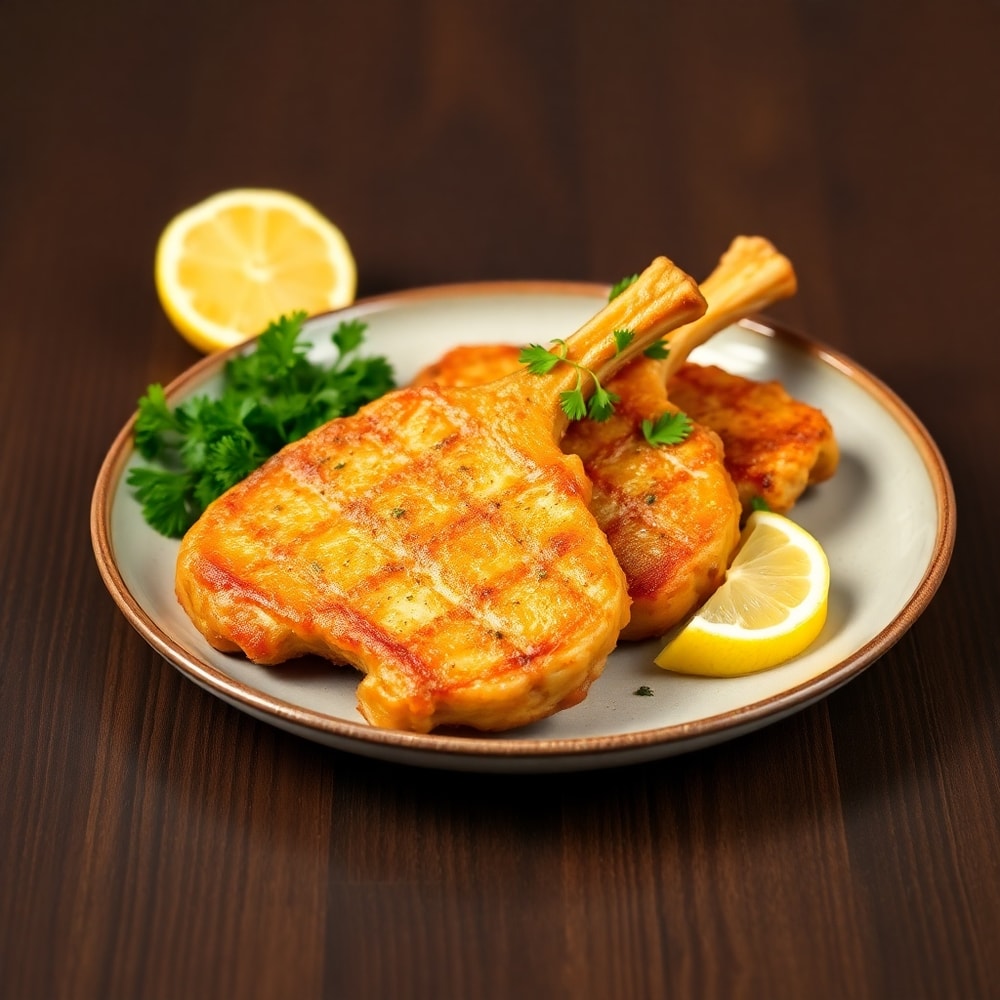 Plated Lemon Garlic Pork Chops with lemon slices