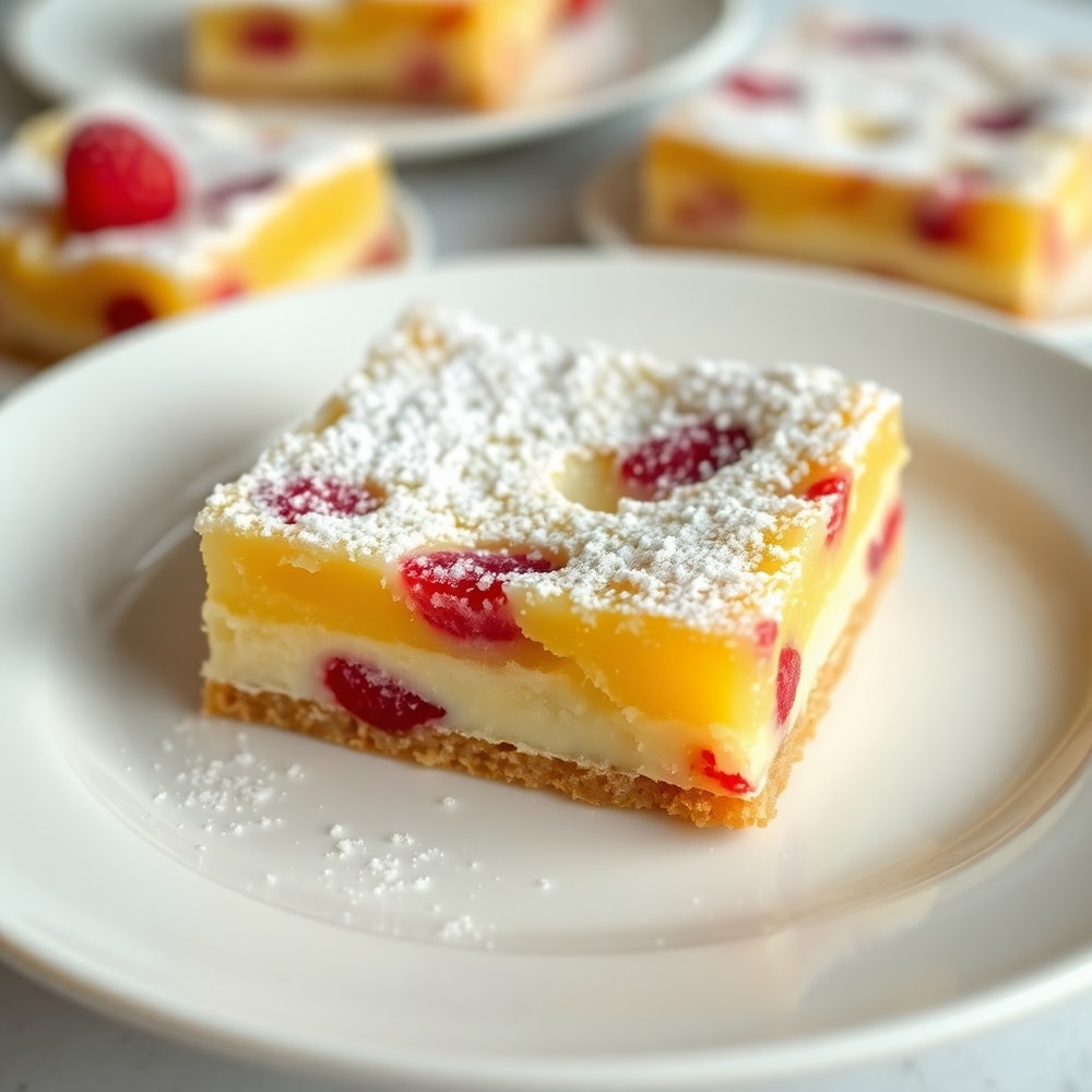 One perfect plated serving of lemon raspberry bars on a white plate, garnished with powdered sugar, close crop, warm side lighting showing texture, photorealistic food photography, no text, no watermark