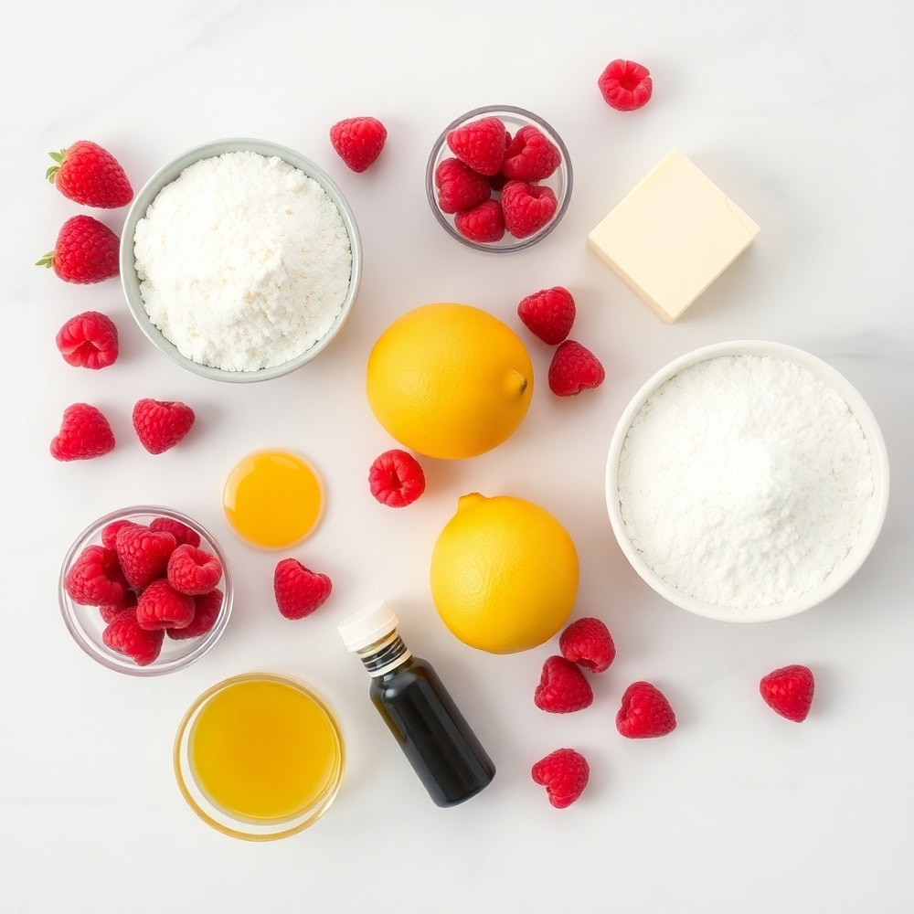Overhead flat lay of lemon, raspberries, flour, butter, sugar, eggs, salt, and vanilla extract, arranged on a white marble surface, bright even natural light, photorealistic overhead food photography, no text, no watermark