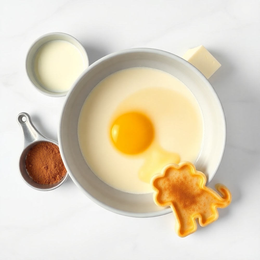 Bowl of pancake mix, eggs, milk, and lion-shaped pancake mold