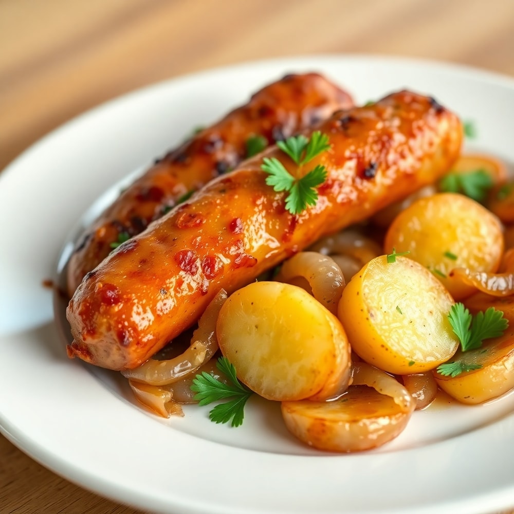 Plated serving of crispy Polish sausage, potatoes, and onions