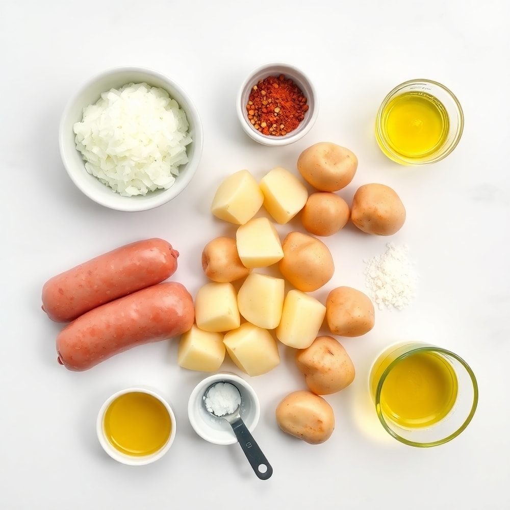 Raw ingredients for Polish sausage potato onion skillet