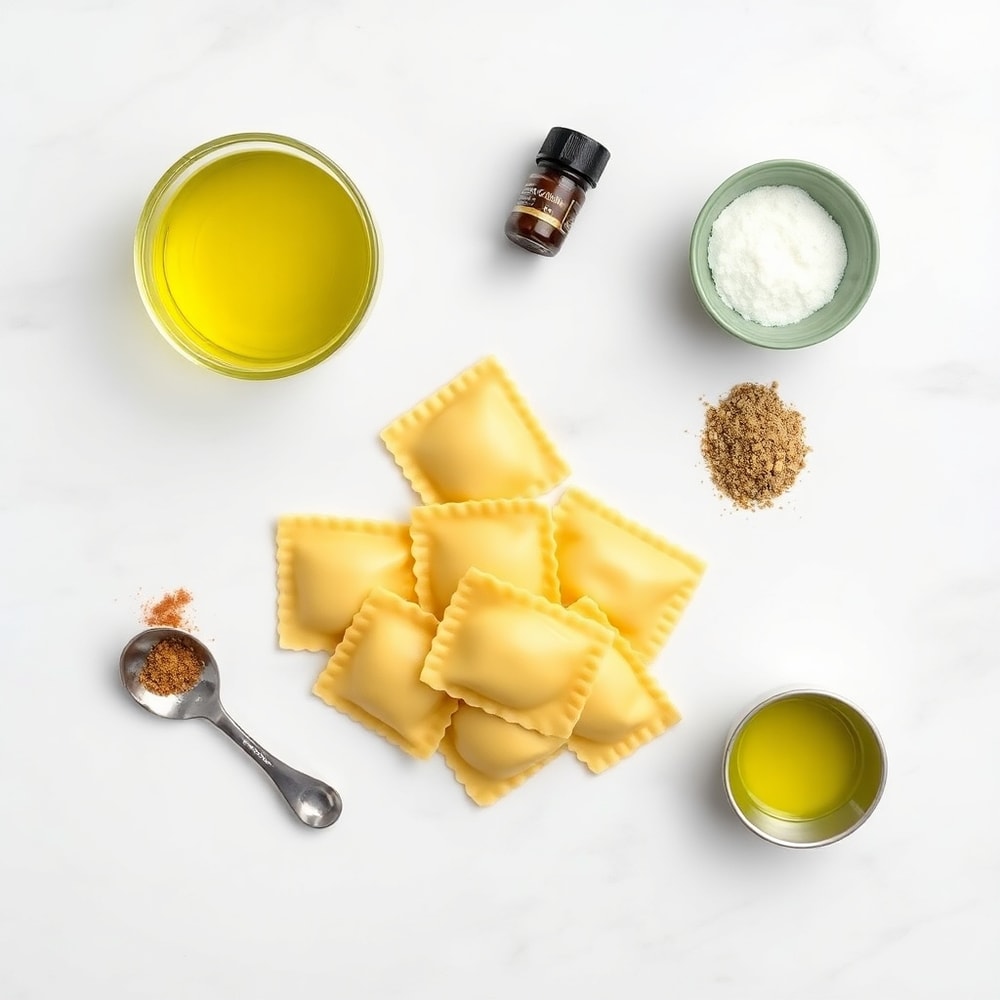Raw ingredients for Crispy Ravioli Appetizer on a white marble surface