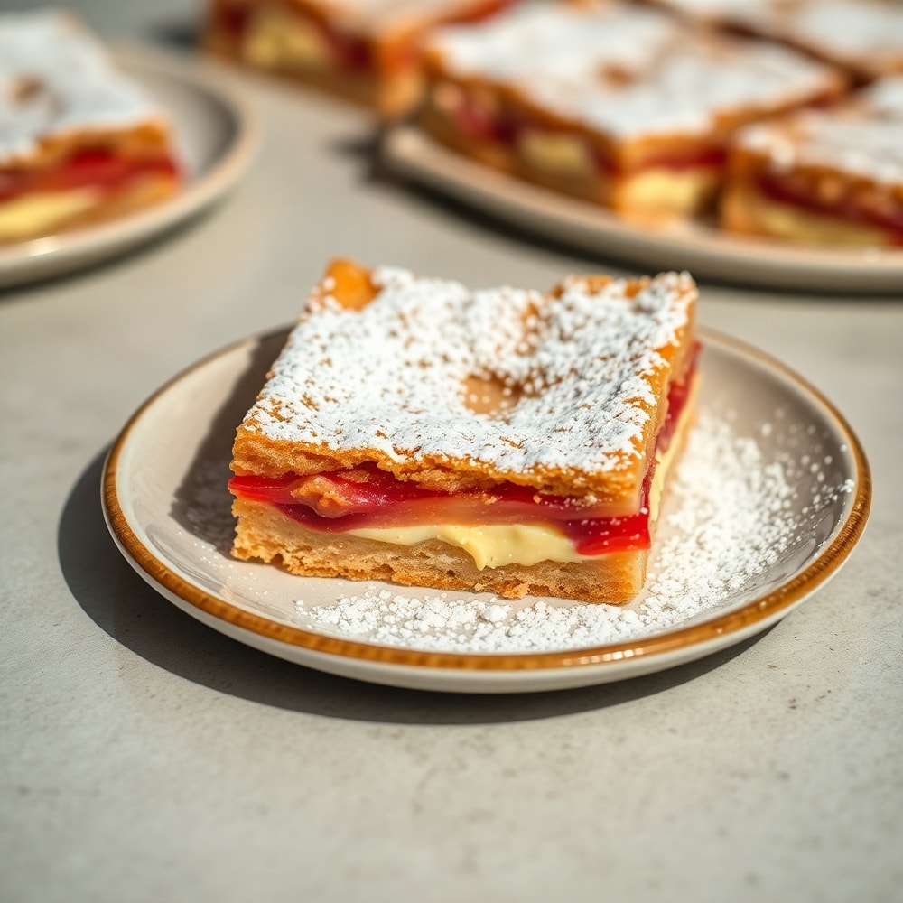 Plated Rhubarb Bars with Cream Cheese
